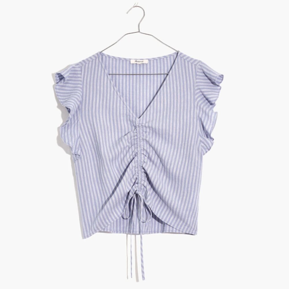 MADEWELL Linen-Blend Ruffle-Sleeve Drawstring Crop Top in Stripe Size 4